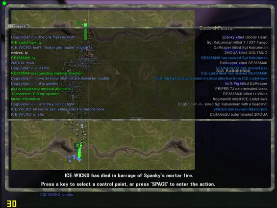 Computer screen showing a video game map with chat logs and control point updates