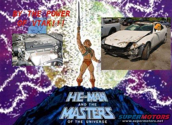 Damaged white coupe with VTEC engine inset. He-Man graphic in background