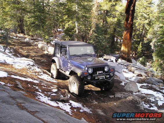 Blue Jeep Wrangler with a winch on a dirt trail with snow patches and pine trees