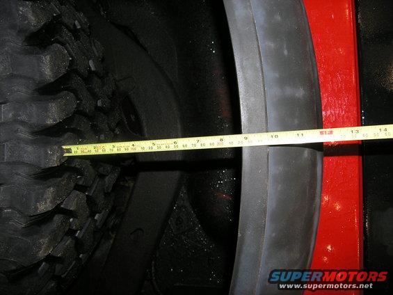 Measuring tire to fender gap with a tape measure on a red vehicle