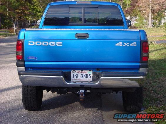 Blue Dodge 4x4 pickup truck rear view, chrome bumper, Virginia license plate JSL-2805