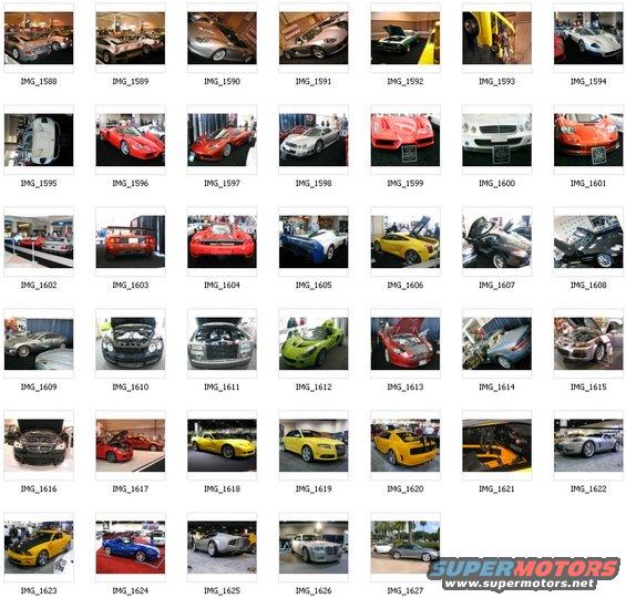 Multiple cars displayed indoors at an auto show, with some having hoods open