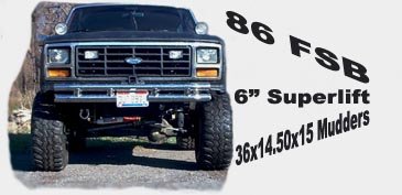 Front view of a black 1986 Ford Bronco with 36x14.50x15 mud tires and a 6" Superlift