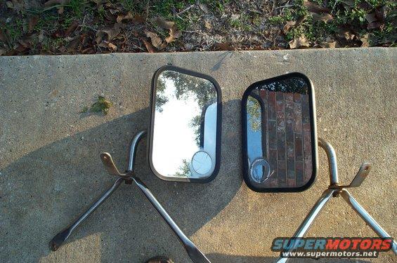 Two side mirrors with chrome mounting arms, one with a black frame, the other with a chrome frame