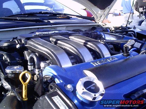 Engine bay with custom blue valve cover and silver intake manifold. Oil dipstick and oil cap visible