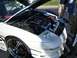 1996 Ford Probe - A white sports car's engine bay is displayed with custom chrome parts and racing decals.