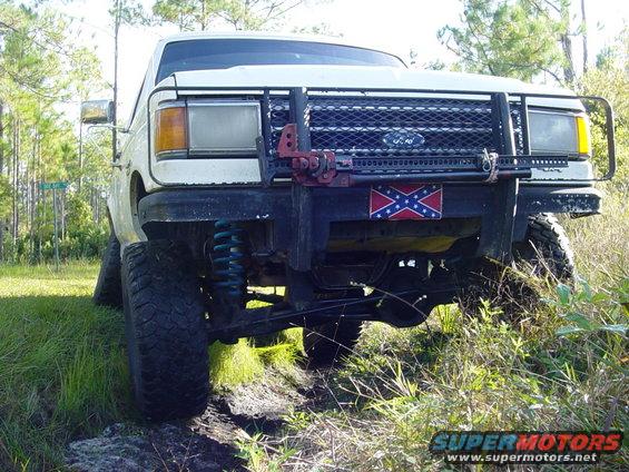 1989 Ford Bronco front view with brush guard and Confederate flag sticker