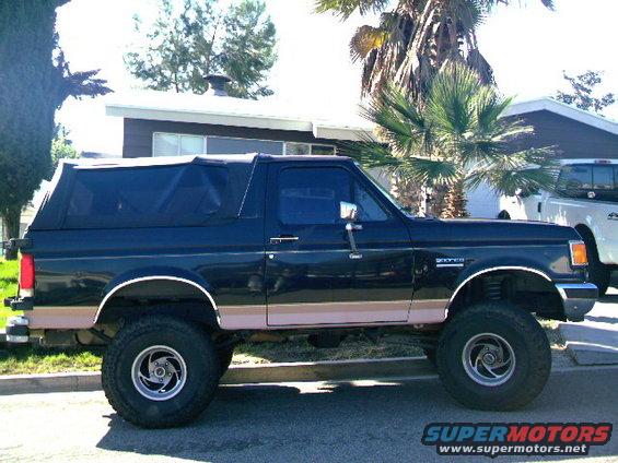 Dark blue Ford Bronco with a soft top, lifted on large tires. It has a tan stripe along the lower body