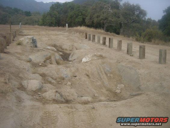 Dirt track with rocks and wooden posts in a dry, hilly area