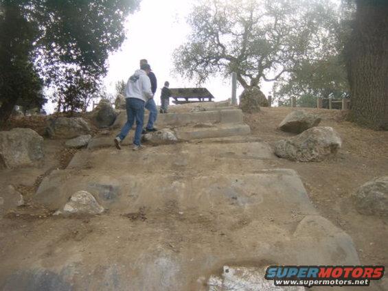 People walking up a dirt and concrete staircase outdoors, with trees and rocks around