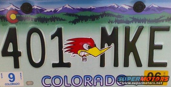 Colorado license plate with numbers 401 MKE and a cartoon roadrunner