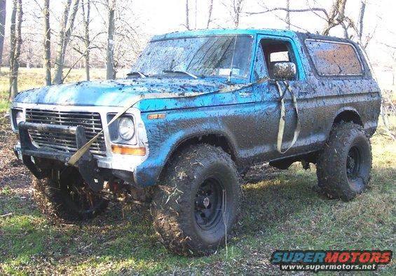 Blue SUV covered in mud, parked in a wooded area. It has large off-road tires and a front brush guard