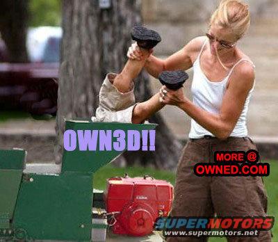 Woman feeding an arm into a wood chipper with text 'OWN3D!!' and 'MORE @ OWNED.COM' and 'SUPER MOTORS'