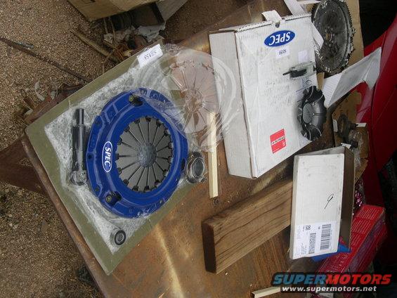 New SPEC clutch kit and flywheel on a table with boxes