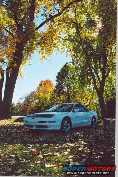 White coupe with a black hood bra parked on a leaf-strewn ground, viewed from the front-right