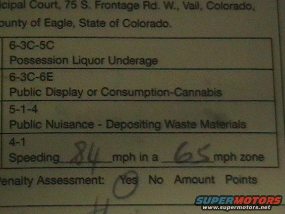 Court document detailing speeding violation, 84 mph in a 65 mph zone