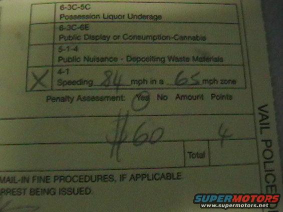 Traffic ticket with speeding violation, $60 fine, and 4 points