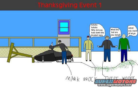Cartoon of people interacting around a snowmobile, with speech bubbles. Text 'Thanksgiving Event 1' at top
