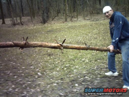 guy in a white hat and blue hoodie holding a long log in a wooded area