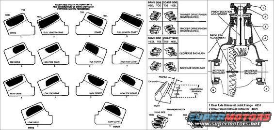 gearpatterns.jpg Gear Mesh Patterns using gear marking compound
IF THE IMAGE IS TOO SMALL, click it.

[url=http://www.supermotors.net/registry/media/74192][img]http://www.supermotors.net/getfile/74192/thumbnail/diffbuilt.jpg[/img][/url]

[url=http://www.fordracingparts.com/download/instructionsheets/FordInstShtM-4209-8.pdf]Ford PDF for diff setup[/url]