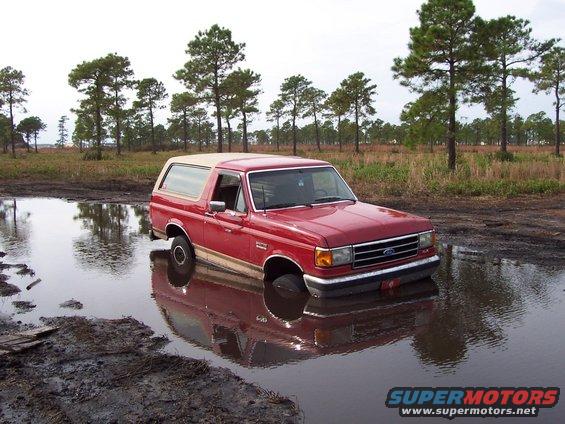 Red Ford Bronco stuck in a muddy puddle, front end submerged, tan top, side view