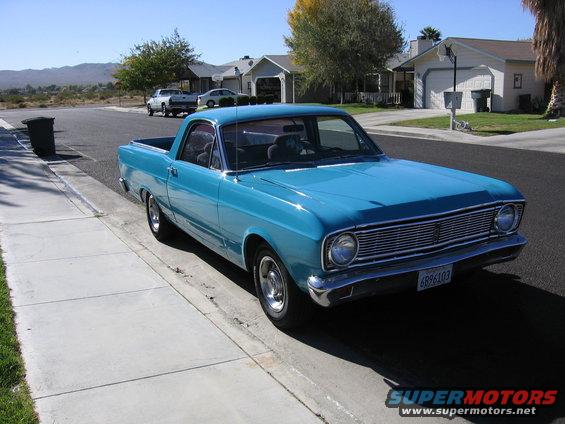 Blue 1966 Ford Ranchero parked curbside, front 3/4 view