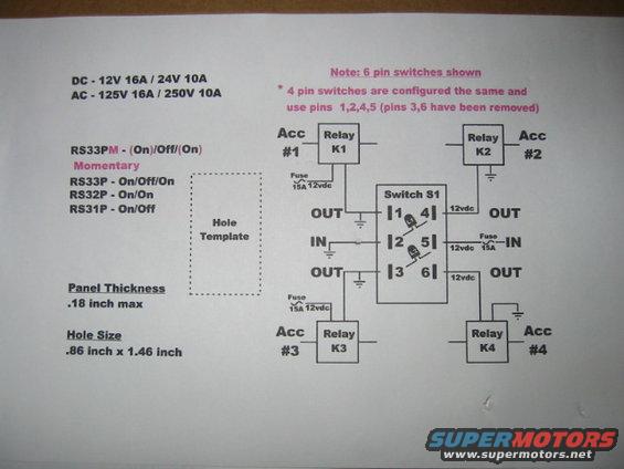Wiring diagram for switches and relays, showing four accessory circuits with relays and fuses