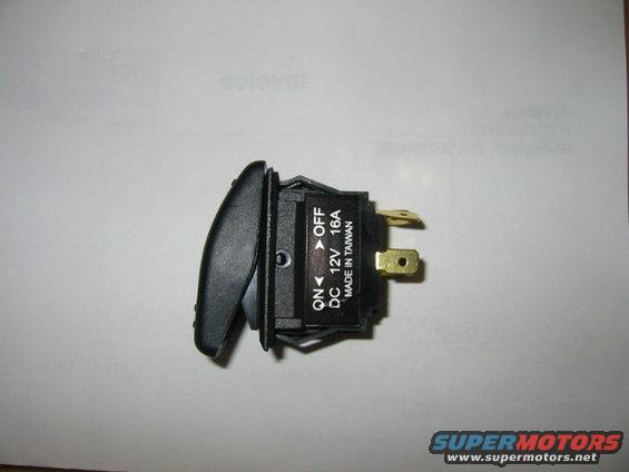 Black automotive rocker switch with ON/OFF labels, rated for 12V 16A, made in Taiwan