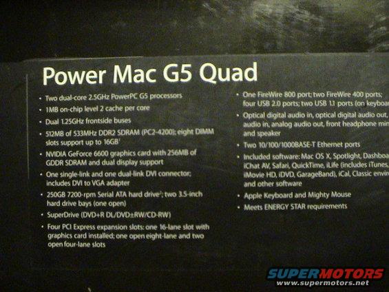 Text lists specs for Power Mac G5 Quad, including dual-core processors, RAM, graphics card, and ports. SuperMotors.net logo at bottom