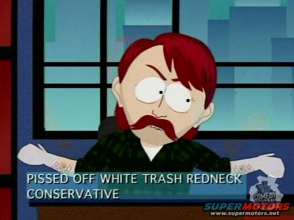 Animated character with red hair and mustache, wearing a green plaid shirt, with text overlay reading 'PISSED OFF WHITE TRASH REDNECK CONSERVATIVE'