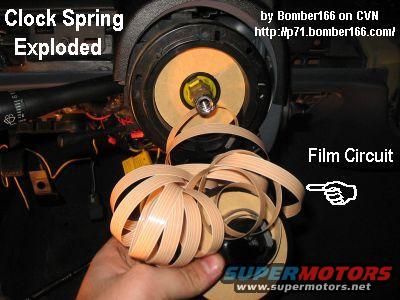 clockspringexploded.jpg Clock Spring ('94-up with driver's airbag) showing the film circuit which abrades & breaks over time, causing SRS warnings &/or inoperative cruise control &/or horn.  Newer vehicles with more features on the steering wheel can exhibit more symptoms.

Disassembly to this degree is unnecessary, unless you intend to repair the film circuit.

See also:
[url=https://www.supermotors.net/vehicles/registry/media/185353][img]https://www.supermotors.net/getfile/185353/thumbnail/clock-spring-removal.jpg[/img][/url] . [url=https://www.supermotors.net/registry/6098/31472-4][img]https://www.supermotors.net/getfile/701936/thumbnail/steeringcolumn92up.jpg[/img][/url] . [url=https://www.supermotors.net/vehicles/registry/media/434182][img]https://www.supermotors.net/getfile/434182/thumbnail/shiftercableadjustments.jpg[/img][/url] . [url=https://www.supermotors.net/vehicles/registry/media/894814][img]https://www.supermotors.net/getfile/894814/thumbnail/column9296tiltex.jpg[/img][/url] . [url=https://www.supermotors.net/vehicles/registry/media/185358][img]https://www.supermotors.net/getfile/185358/thumbnail/steering-column-wairbag.jpg[/img][/url] . [url=https://www.supermotors.net/vehicles/registry/media/440136][img]https://www.supermotors.net/getfile/440136/thumbnail/steeringcolumn92up.jpg[/img][/url]