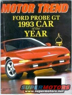 Orange 1993 Ford Probe GT on magazine cover, front 3/4 view, with "Motor Trend" and "1993 Car of the Year" text