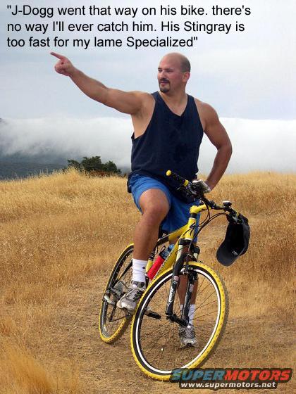 Man in a tank top and shorts on a yellow bicycle, pointing to the left, with dry grass and cloudy sky