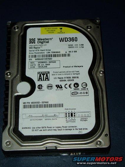 Western Digital WD360 Raptor hard drive, 36.0 GB capacity. Shows model and serial numbers, date code JUL 2003