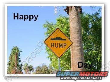 Yellow diamond speed bump sign with text 'HUMP' and 'Happy Day' text overlay