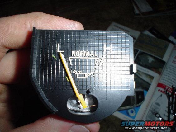 Oil pressure gauge with yellow needle pointing to low