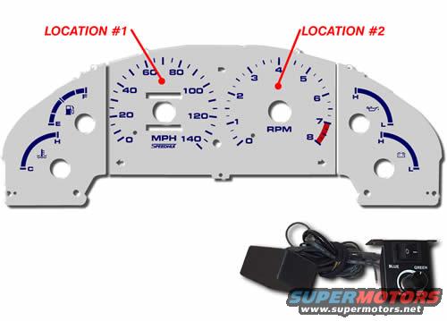 White gauge cluster with blue markings for MPH, RPM, fuel, oil, and temperature. Includes control module with switches and knob