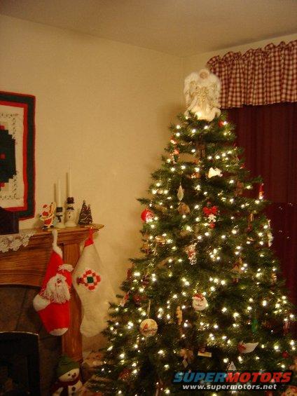 Christmas tree with lights and ornaments, fireplace with stockings and decorations