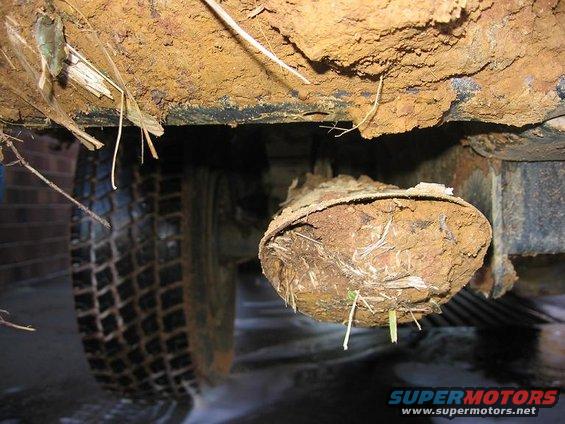 Exhaust pipe heavily caked with mud and grass, with a tire visible to the left