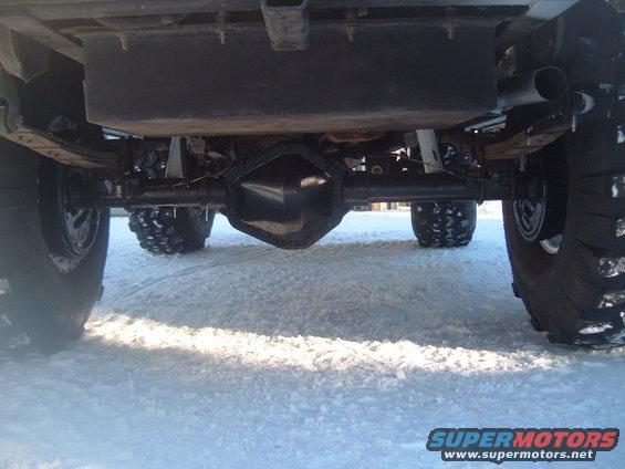 Rear axle assembly and leaf springs on a vehicle with large tires, viewed from below