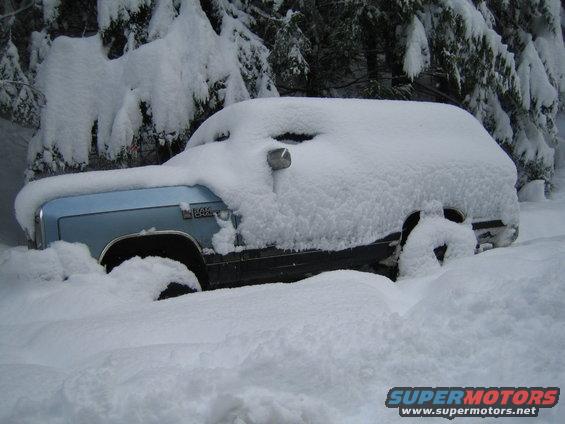 Light blue pickup truck buried in snow, side view