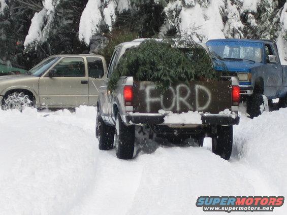 Ford pickup truck in snow hauling a Christmas tree. Another truck and a gold SUV are visible