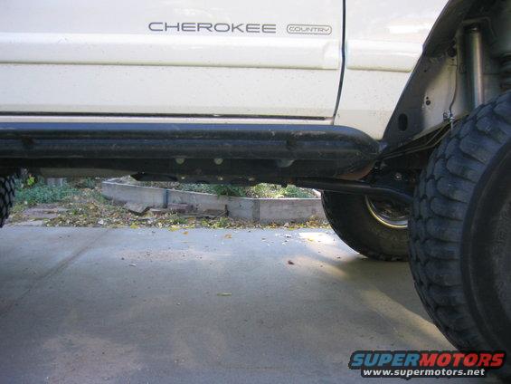 White Jeep Cherokee Country side panel with black rock slider and large off-road tires
