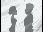 Silhouettes of a man and woman facing each other against a textured background