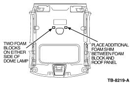 sunroofrattletsb051402.jpg TSB 05-14-02 Sunroof Rattle 04-05 F150
ISSUE: Some 2004-2005 F-150 (excluding Heritage) and 2006 Lincoln Mark LT vehicles equipped with a roof opening panel and built before 6/1/2005, my exhibit a headliner buffeting or rattle type noise when going over bumps or closing any door with excessive force.

ACTION: Install foam shims between the headliner foam blocks and the roof panel.

SERVICE PROCEDURE

NOTE: DO NOT REMOVE OR REPLACE THE HEADLINER WHILE PERFORMING THIS TSB. ALL REPAIRS ARE TO BE MADE WITH THE HEADLINER IN PLACE.

NOTE: THIS REPAIR WILL NOT ELIMINATE THE NORMAL WIND BUFFETING NOISE ASSOCIATED WITH AN OPEN sunroof, REAR WINDOW, OR BACK GLASS WHILE DRIVING AT HIGHWAY SPEEDS.

1. Gently pull forward on the rear most section of the roof-opening panel trim.
NOTE: REMOVE ONLY ENOUGH OF THE ROOF-OPENING PANEL TRIM TO GAIN ACCESS BETWEEN THE HEADLINER AND THE ROOF PANEL.

2. Cut the foam shim into two (2) equal size pieces.
3. Carefully slide hand and forearm between the headliner and the roof panel. Locate the existing foam blocks on either side of the dome lamp, they are attached to the headliner assembly. 
4. Install one (1) foam shim between each of the existing foam blocks and the roof panel. Place the adhesive side of the foam shim towards the roof panel (Figure 1).
5. Firmly press the roof-opening trim back into its original position.

For other TSBs, check [url=http://www.revbase.com/BBBMotor/]here[/url].