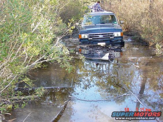 Ford F-Series truck stuck in icy water, person on roof