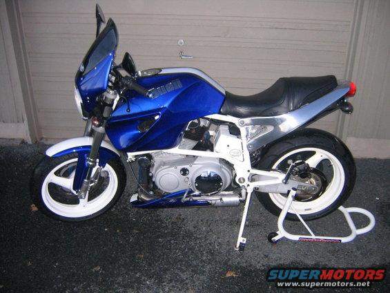 Blue and white 2002 Buell Lightning w/Fairing motorcycle, 3q-front view
