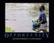 1994 Ford Bronco - A man wades through water carrying a tub full of beer bottles, with text overlay reading 'OPPORTUNITY BECAUSE EARNING IT, IS FOR SUCKAS.'
