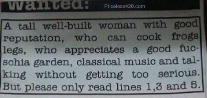 Newspaper ad text about a woman wanted for cooking frogs legs and appreciating fuchsia gardens