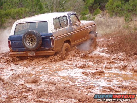 1978 Ford Bronco stuck in deep mud, rear view with spare tire mounted